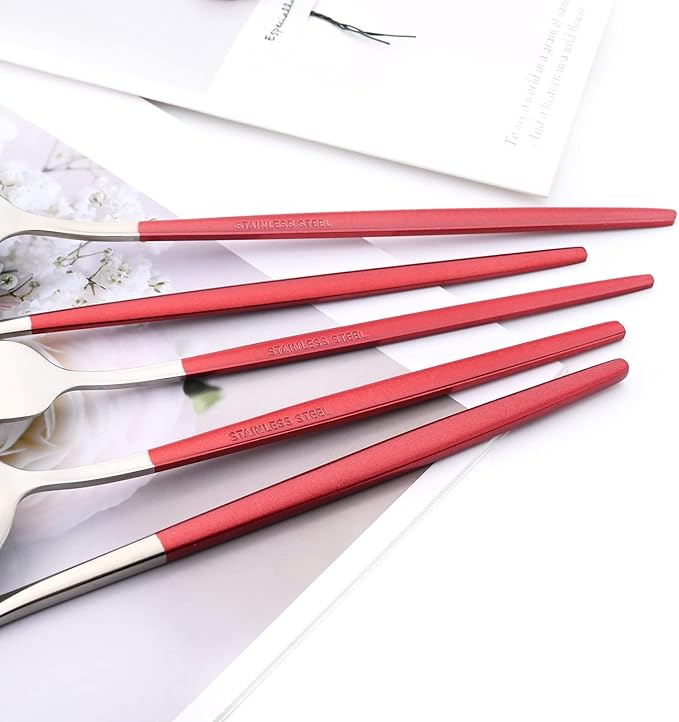 30-Piece Snplowum Mirror Flatware Serving Set, 18/0 Stainless Steel Dinnerware With Red Handle, Modern Durable Home Kitchen Eating Tableware Set Service For 6 (Red Silver)