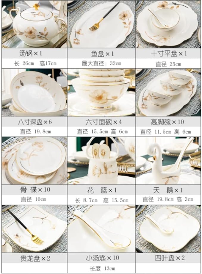 Household Ceramic Bowl and Plate Set, Bone Ceramic Bowl and Plate, 60 Pieces of Tableware