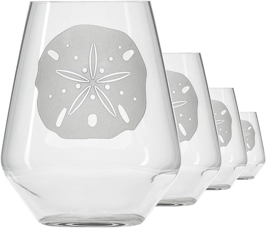 Rolf Glass Sand Dollar Stemless Wine Glass | 17 ounce Stemless Wine Glasses | Set of 4 | Lead-Free Etched Crystal Tumbler Glasses | Made in the USA