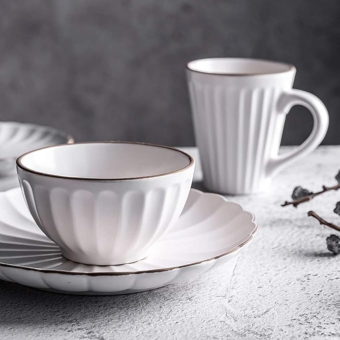 Dinner Set,Ceramics Dinner Sets, 45 Pieces Petal Design Matte Porcelain Dinnerware Set | Cereals Bowl & Mug & Plate for Wedding Gifts and Family Party,A~White