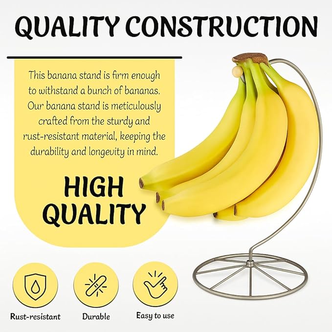 Homeries Banana Holder Modern Rack Hanger Tree Stand Hook for Kitchen Countertop. Satin Nickel Banana Holder Keeper Stand (Satin Nickel New)