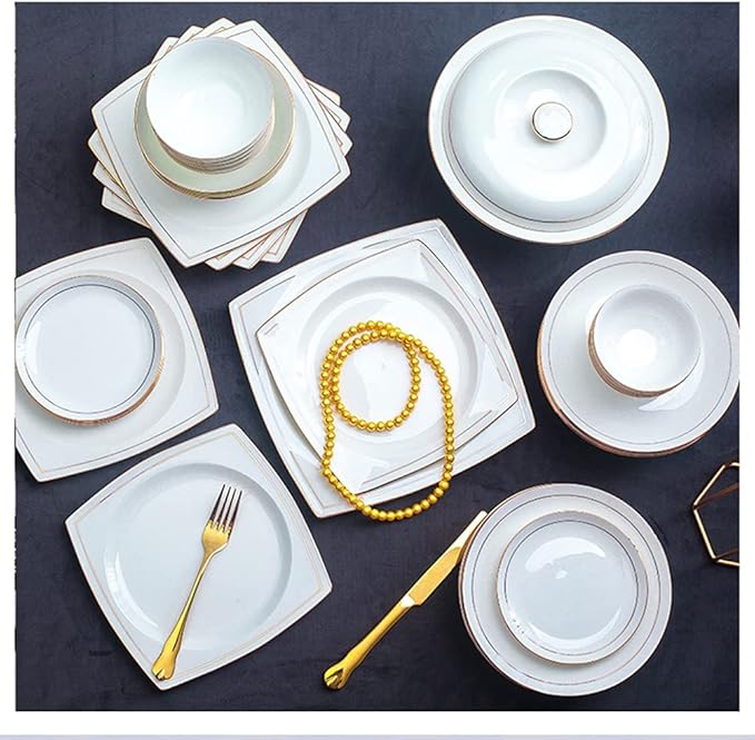 36Pcs Ceramic Dinnerware Set, White with Gold Edge, Luxury Tableware Set for 6,