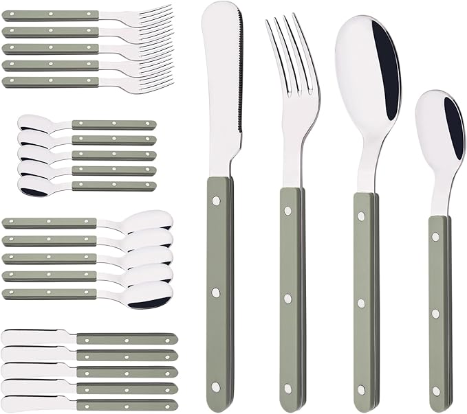 Green Handle Silverware Set, Uniturcky 24-Piece Stainless Steel Flatware Set for 6, Tableware Eating Utensils for Daily Use and Party, Camping Cutlery Set with Color Handle