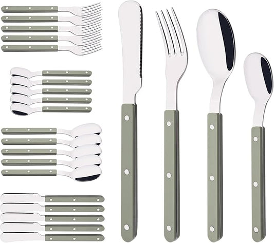 Green Handle Silverware Set, Uniturcky 24-Piece Stainless Steel Flatware Set for 6, Tableware Eating Utensils for Daily Use and Party, Camping Cutlery Set with Color Handle