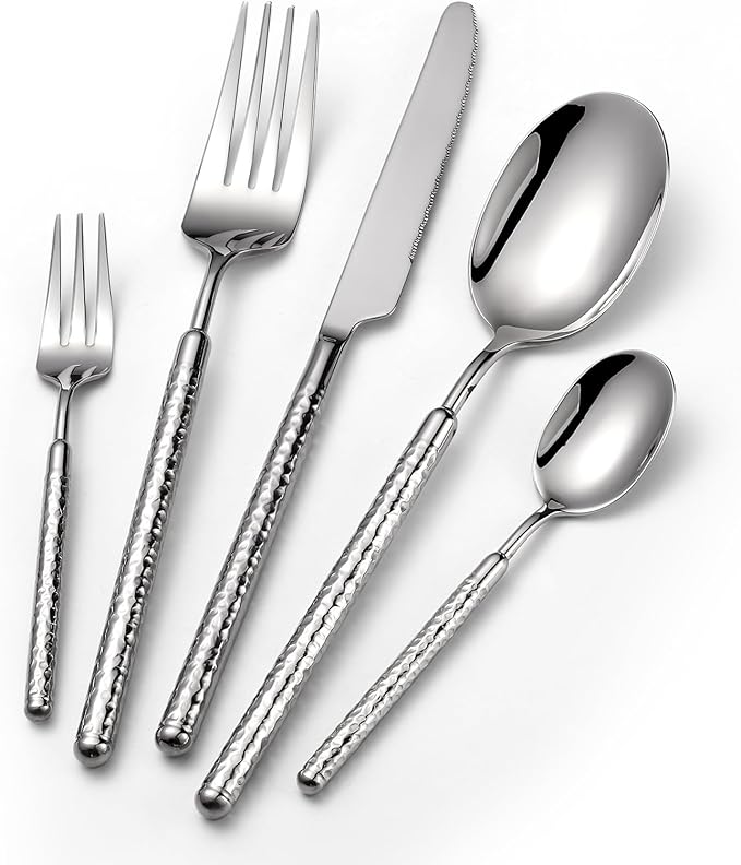 10-Piece Silverware Set, Stainless Steel Flatware Set for 2, Modern Hammered Utensil Tableware Set Include Dinner Knife/Fork/Spoon, Mirror Finish, Dishwasher Safe (10, silver)