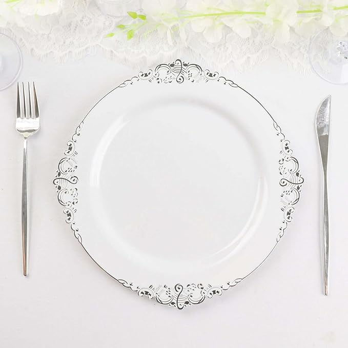10" Dinner Plates -Set of 10 - Plastic White Silver Round Baroque Disposable Chargers Leaf Embossed Rim, Ideal for Dinner Party Wedding Bulk Events