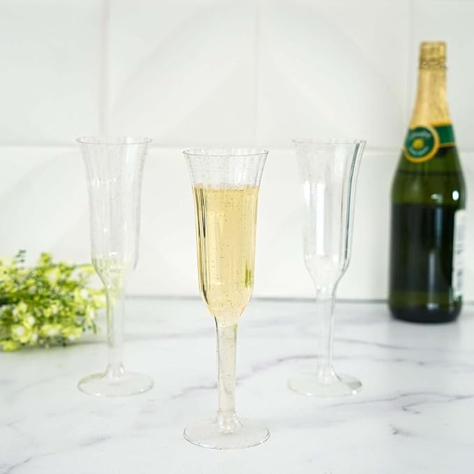 TCF Linen 12 Pack Clear with Gold Glitter Plastic Champagne Flutes, 6oz Flared Disposable Glasses Elegant Reusable Look Shatterproof Stemware for Weddings Parties Catering Toasts