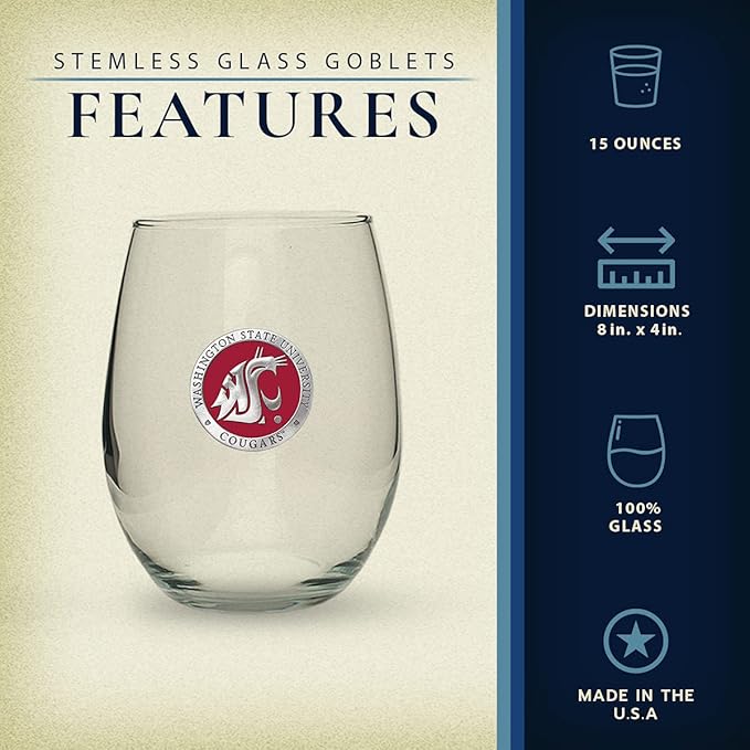 Heritage Pewter Washington State Cougars Stemless Glass Goblets – Set of 2 | 15 OZ Goblet Wine Glasses | Expertly Crafted Pewter Glass