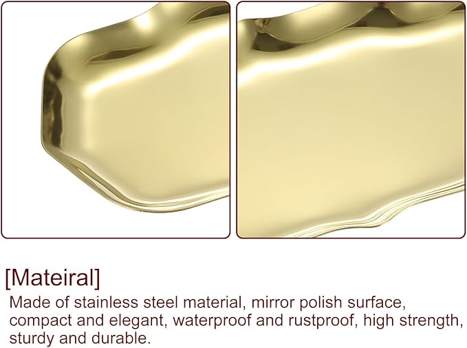 uxcell 2pcs Stainless Steel Decorative Tray 8.6" x 4.3" Wave Serving Tray Suitable for Jewelry Coffee Table Bar Kitchen Countertop Bathroom Tableware, Gold