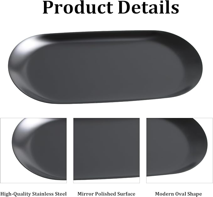 2Pcs 7x3.3inch Stainless Steel Decorative Trays, Oval Jewelry Dish Cosmetics Organizer, Black Serving Platter for Bathroom Vanity Dresser Storage