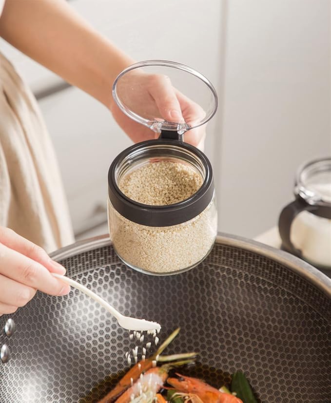 NAN Wind Glass Seasoning Box Set,12oz/350 ml Condiment Set With Lids and Spoon,Clear Glass Condiment Canisters,2Pack Scondiment Jar Set for Sugar Pepper for Kitchen Counter(Black)