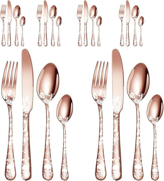 XIAOYU 24-Piece Halloween Themed Skull Silverware Set, Gothic Skull Pattern Design, Stainless Steel Flatware Set Serving for 6, Knives Forks Spoons Cutlery Daily Halloween Party Event, Rose Gold