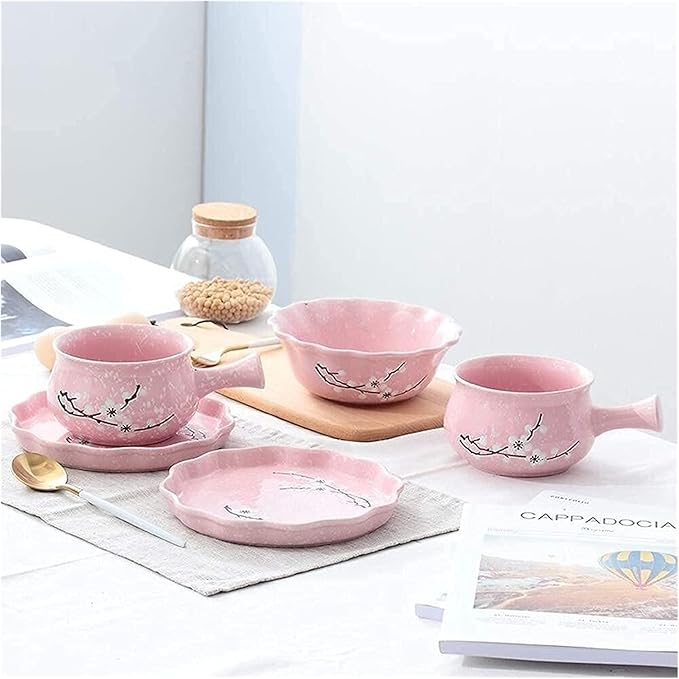 Dinnerware Sets Dish Set,Ceramic Plate Set,5-Piece Porcelain Japanese Tableware Set with Handle Bowl Plate,Service for 1,Great Gift for Friends and Home (Pink One Size)