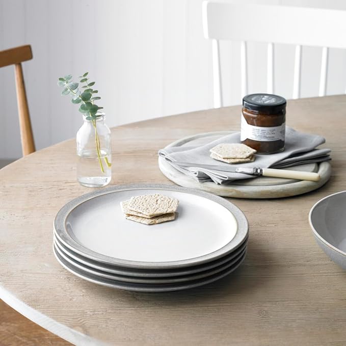 Denby - Elements 8 Piece Dinner Set For 2 - Light Grey, Dishwasher, Microwave Safe, Oven Proof Plate & Bowl Set - 4 x Lunch Plates, Dinner Plates, Cereal Bowls & Coffee Mugs - Chip Resistant Tableware