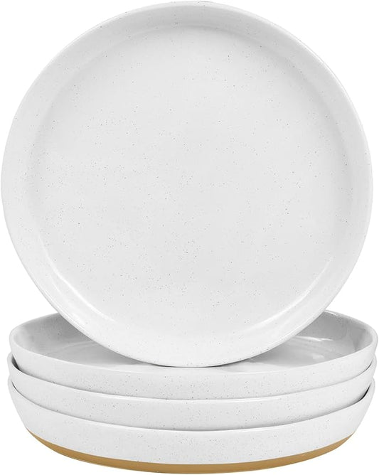 4 Piece Stoneware Plate Sets, White Ceramic Dinner Plates, 10 Inch Modern Porcelain Serving Plates, Scratch Resistant, Microwave&Dishwasher Safe,White(Brown Bottom)