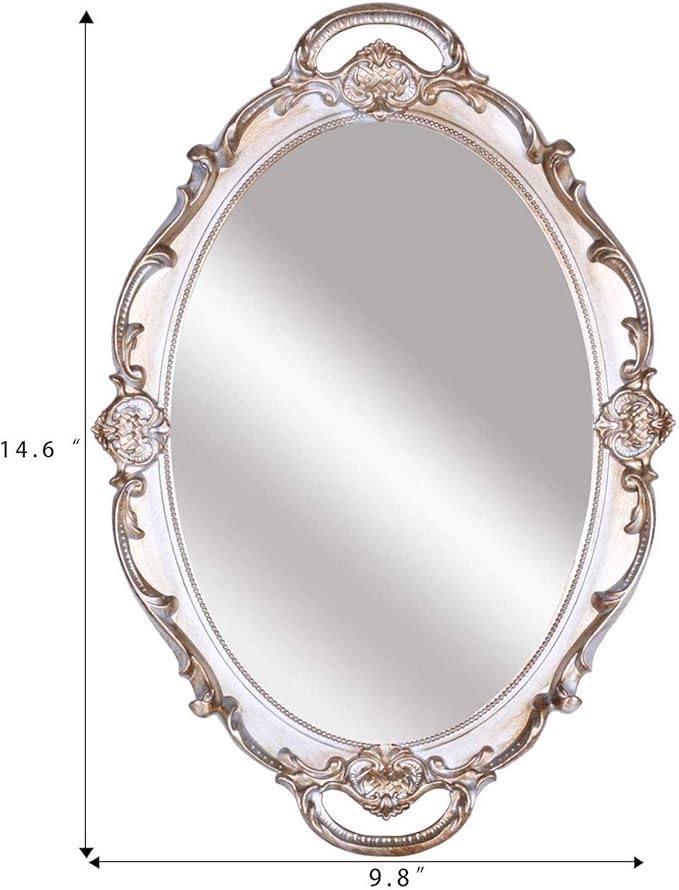 Ham Oval Floral Wall Mirror Tray, Dresser Organizer Tray, Decorative Perfume Mirror Tray, Serving Tray, 9.5’’ X 14.5’’, Silver