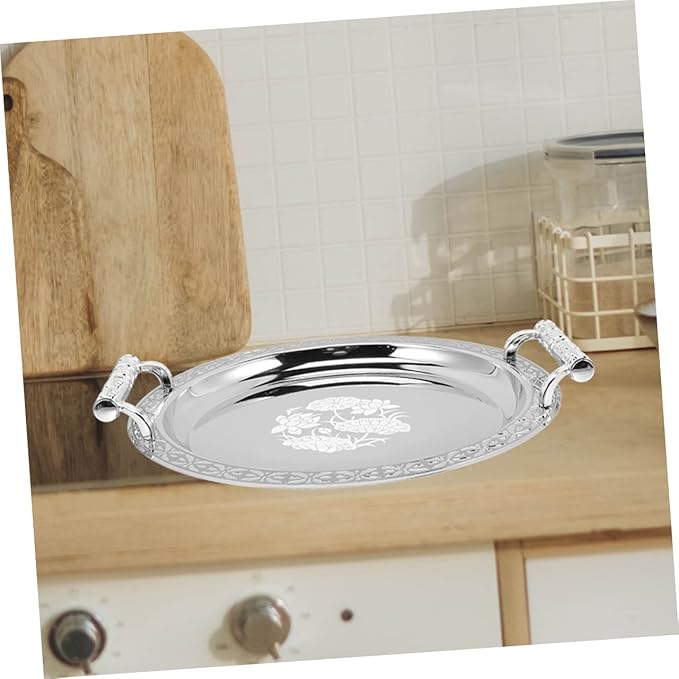 European Style Fruit Plate Silver Pattern Snack Serving Tray Stainless Plastic Dessert Storage for Home Picnic Party Breakfast and Dinner