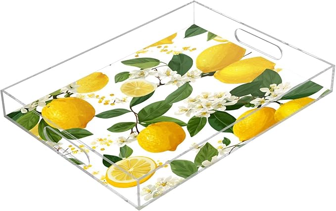 Serving Tray with Handles Clear Acrylic Tray 12x16 Inch Decorative Rectangular Tray Organizer for Ottoman Coffee Table Bathroom Yellow Lemon Flowers