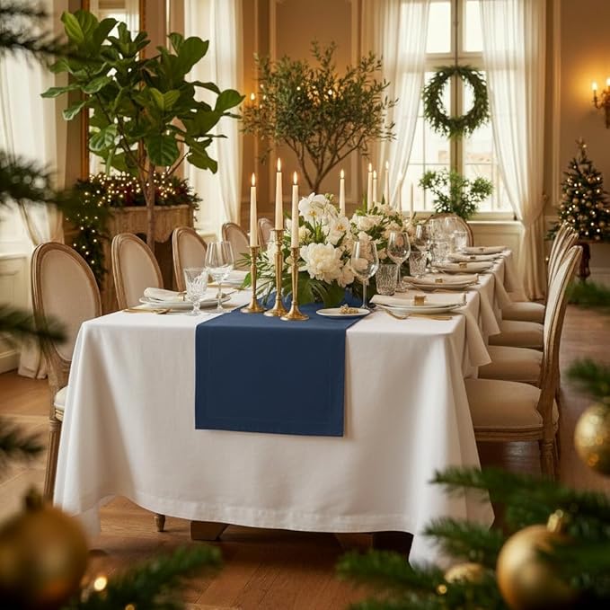 D'Moksha Homes Linen Navy Blue Table Runner 90 Inches Long - 100% Pure Linen 14 x 90 Inch Table Runner for Dining, Winter, Christmas, Holiday, New Year - Machine Washable