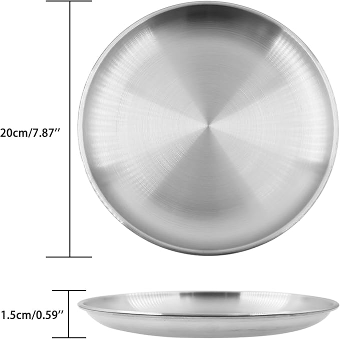 304 Stainless Steel Plates,Silver Round Dinner Dishes,Feeding Serving Camping Plates,Reusable Dinner Plates,Durable Metal Plates, Double Walled Plates for Picnic BBQ Steak 2PCS, 20cm/7.87''