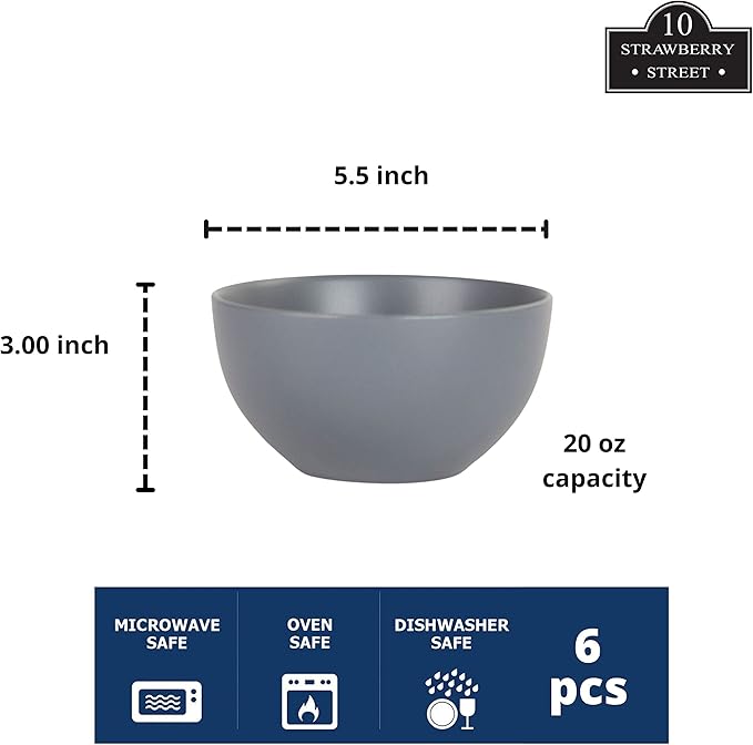 10 Strawberry Street Wazee Matte 5.5"/16oz Cereal Bowl, Set of 6, Charcoal Gray