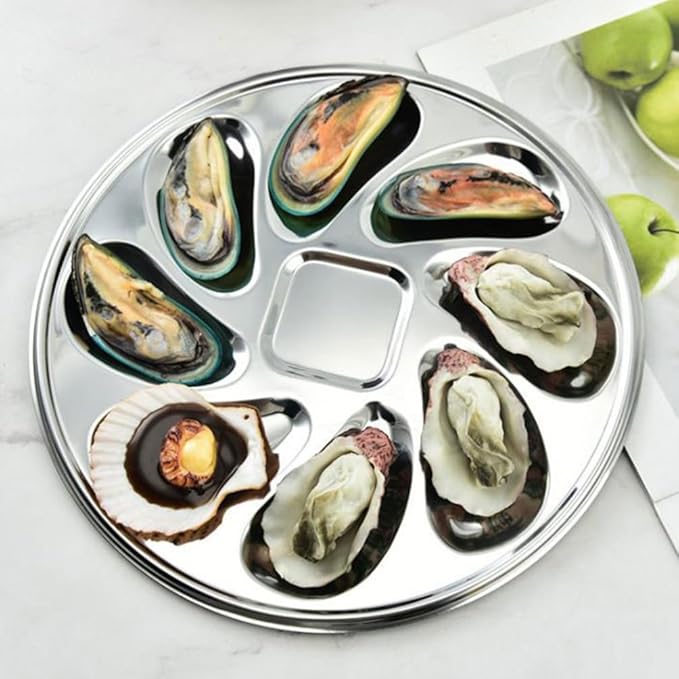 UPKOCH 1 Set of Stainless Steel Oyster Serving Tray, Shell Plate with Fork and Opener Tool, Silver, 9 Inch Diameter, for Home and Restaurant Use