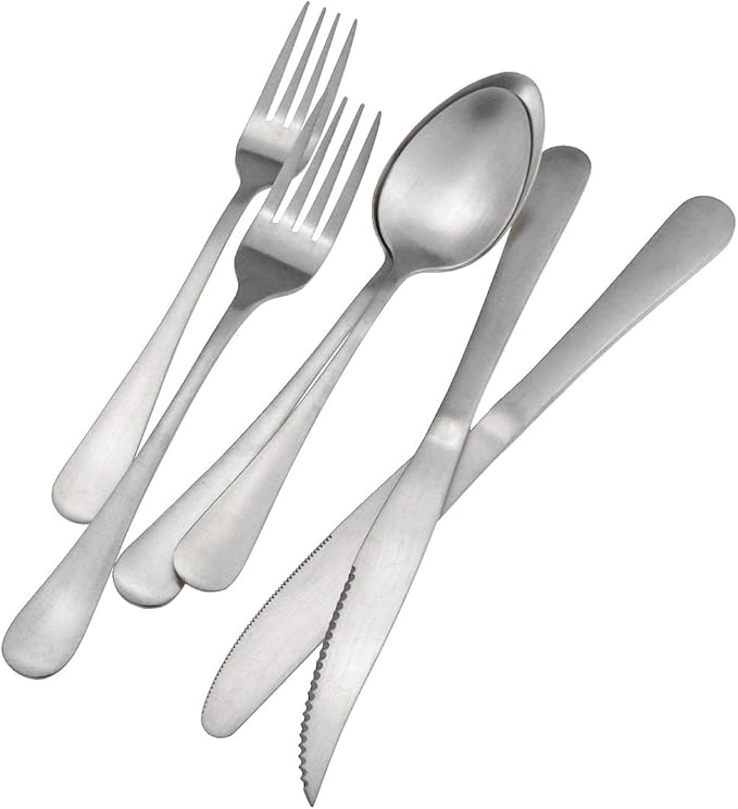 Gugrida 24-Piece Silver Heavy Duty Stainless Steel Flatware Set, Travel Cutlery Include Knife Fork Spoon Service for 4,Healthy & Eco-Friendly Silverware - Matte Elegant Modern Eating Utensils