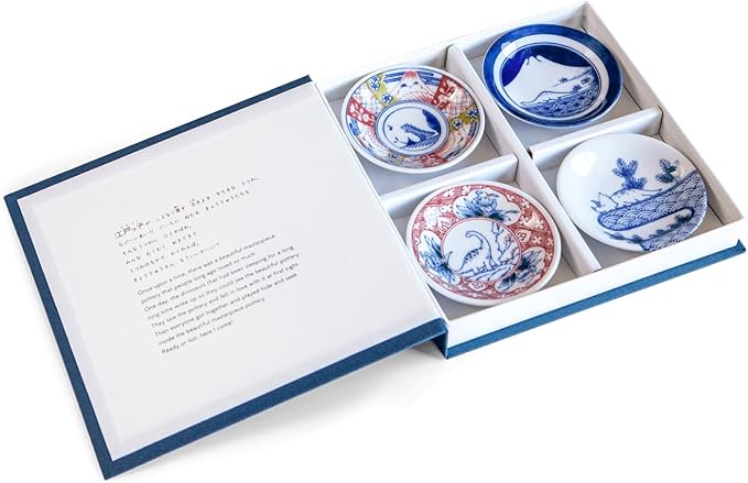 Dinosaur Soy Sauce Dish Set of 4, 3.5 inch Japanese Porcelain Mini Plates for Dipping, Sushi & Condiments, Mino Ware, Crafted in Japan, Gift Boxed, Microwave & Dishwasher Safe