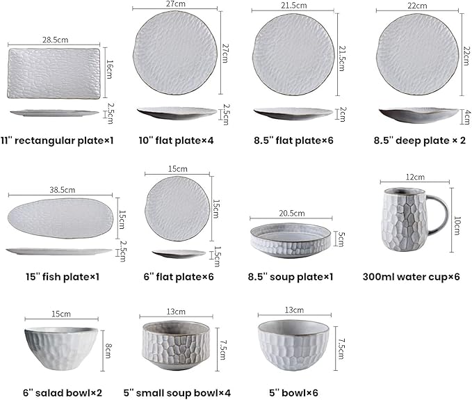 Ceramics Dinner Sets, 39 Pieces White Cereal Bowl Steak Plate and Mug | Nordic Style Porcelain Dinnerware Set for Family Gathering