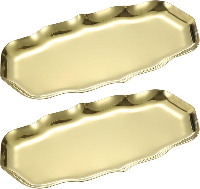 uxcell 2pcs Stainless Steel Decorative Tray 8.6" x 4.3" Wave Serving Tray Suitable for Jewelry Coffee Table Bar Kitchen Countertop Bathroom Tableware, Gold