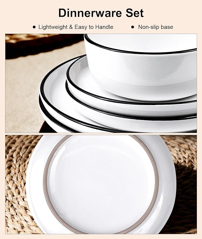 12 Pieces Ceramic Dinnerware set,Plates and Bowls Sets for 4,White Dinnerware Set for Kitchen, Modern Design Plate Sets with Black Rim, Microwave and Dishwasher Safe