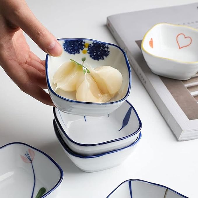 Dipping Sauce Dish Dipping Bowl Appetizer Plates 2 Bowls Condiments Dish Ceramic Sauce Soy Dishes Dipping Bowls with Tray Snack Soy Sauce Vinegar Appetizer Dishes or Seasoning for Easy Storage Dipping