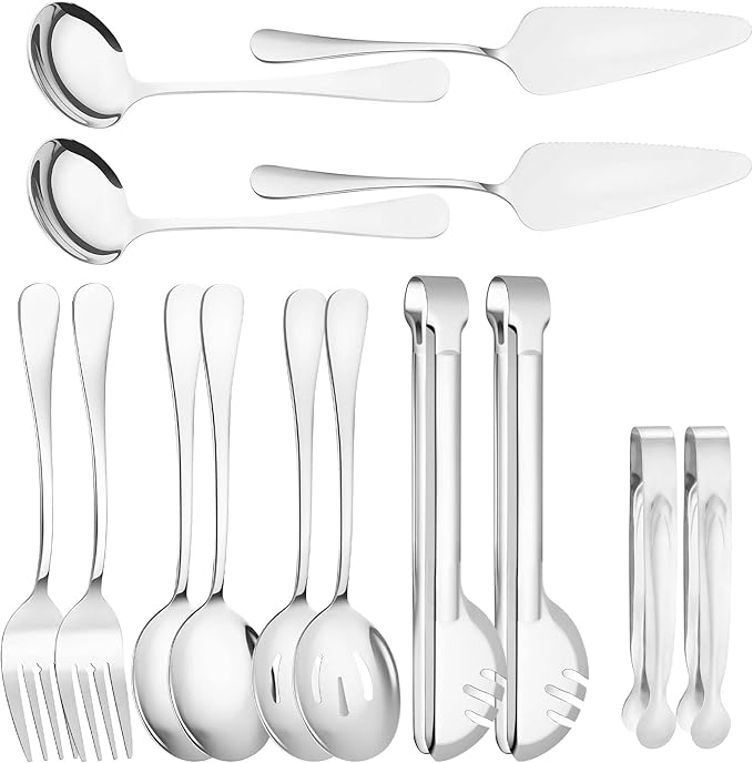 12 Pcs Silver Serving Utensils Set Include Stainless Steel Large Serving Spoons Slotted Spoons Forks Soup Ladle Pie Server - Metal Utensils for Parties Buffet Catering, Dishwasher Safe