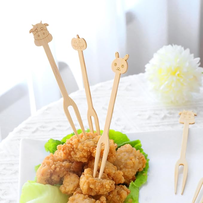 Bamboo Small Forks, 4.72 Inch 200 (4 Designs x 50) Appetizer Forks, Mini/Tiny Forks Dispoable Compostable for Charcuterie, Fruit, Desserts, Cocktail Parties, Wedding Snacks Bamboo Appetizer Picks