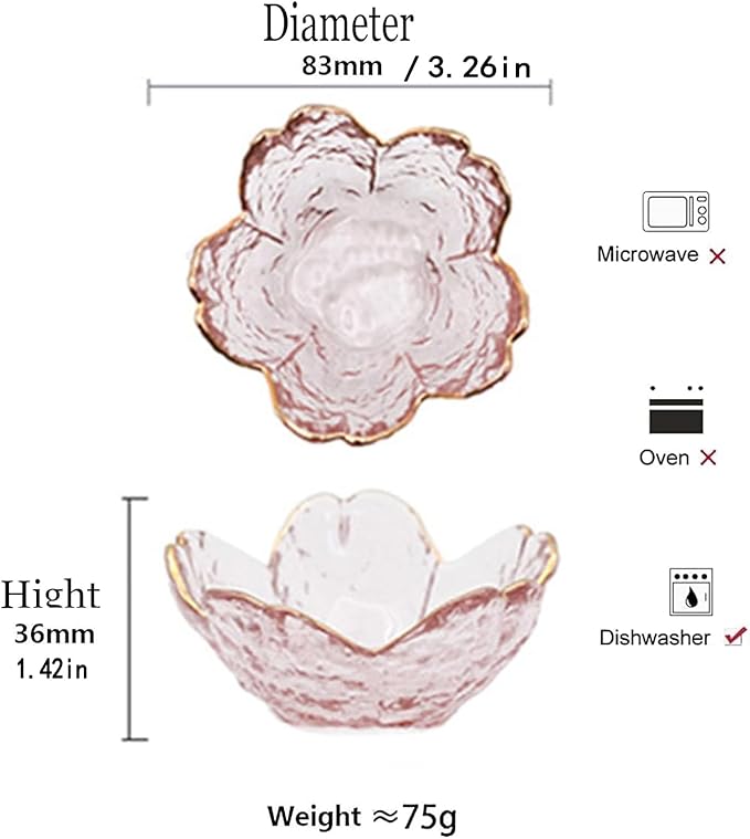 Seasoning bowls with gold rim,6 pcs Pink Cherry Flower Crystal Glass Appetizer Plates dipping bowls ice cream Sushi,pink glass plates mini for charcuterie board (Phnom Penh)