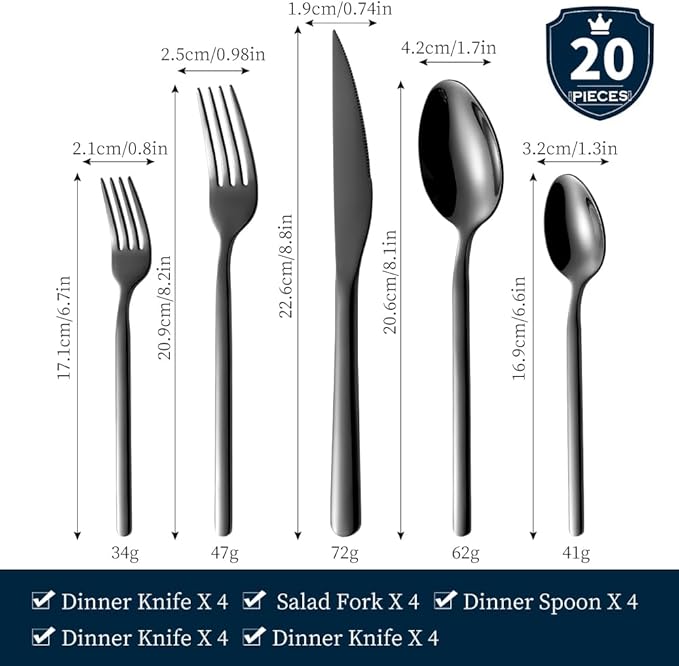 Black Silverware Set with Steak Knives, 20-Piece Flatware Set for 4, 18/10 Stainless Steel Cutlery for Home Kitchen and Restaurant