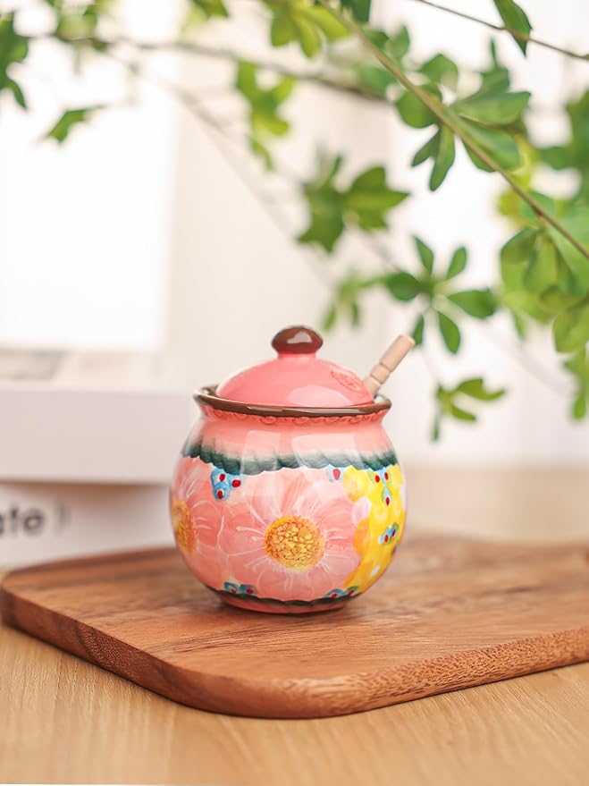silesia Handmade Ceramic Honey Jar with Lid, 8 oz Floral Design Honey Pot with Dipper, Hand-Painted Honey Containers for Honey, Jam, or Syrup, Dishwasher Safe (Glazed Pink)
