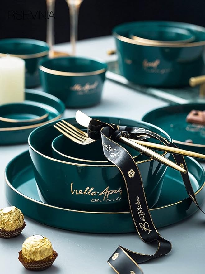 Nordic Dark Green Dinnerware Set Creative European Ceramic Tableware with Bowl Plate Service for 6，Green white-26pcs
