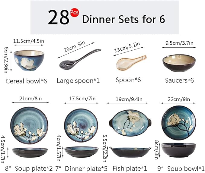 28 Piece Dinner Set Plate and Bowl Set for 6 People Vintage Tableware Service Sets Ceramic Dinner Set for Home Gift