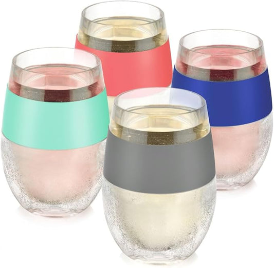 Host Wine Freeze Cooling Cups, Plastic Wine Glasses for Red and White Wines, Double Wall Insulated Freezable Drink Chilling Tumbler, Champagne Gifts for Women, 8.5 oz, Set of 4, Assorted Colors