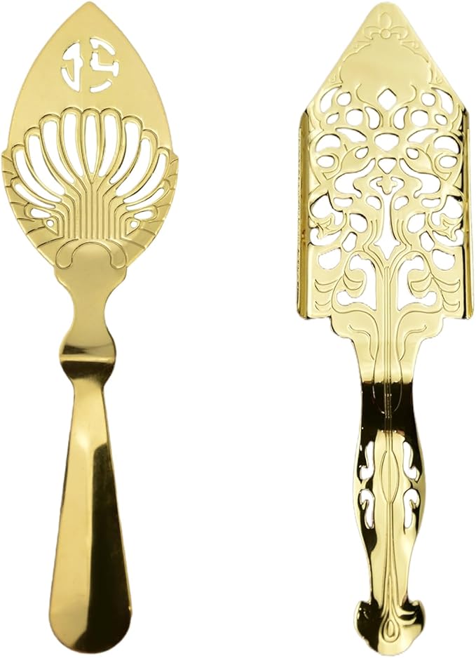 Flylin 2 Pcs Stainless Steel Absinthe Spoons, Vintage Style Absinthe Dripper with 2 Types, Ice Cube Mesh Filter Wormwood Spoon Strainer Spoon for Bar Cocktail Tea Coffee (Gold)