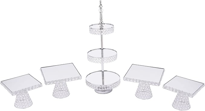 5 Pcs Silver Cake Stand Set, Acrylic Mirror Surface Vintage Cake Stand, Dessert Tower Plate Holder Decor Serving Platter Crystal Cakes Stands Wedding, Party, Baby Shower