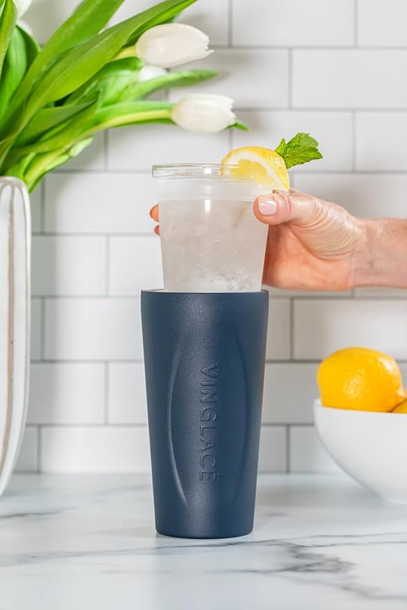Vinglacé Stainless Steel Drink Tumbler- Insulated Hot and Cold Beverage Cup with Glass Insert and Lid, 14 oz, Navy