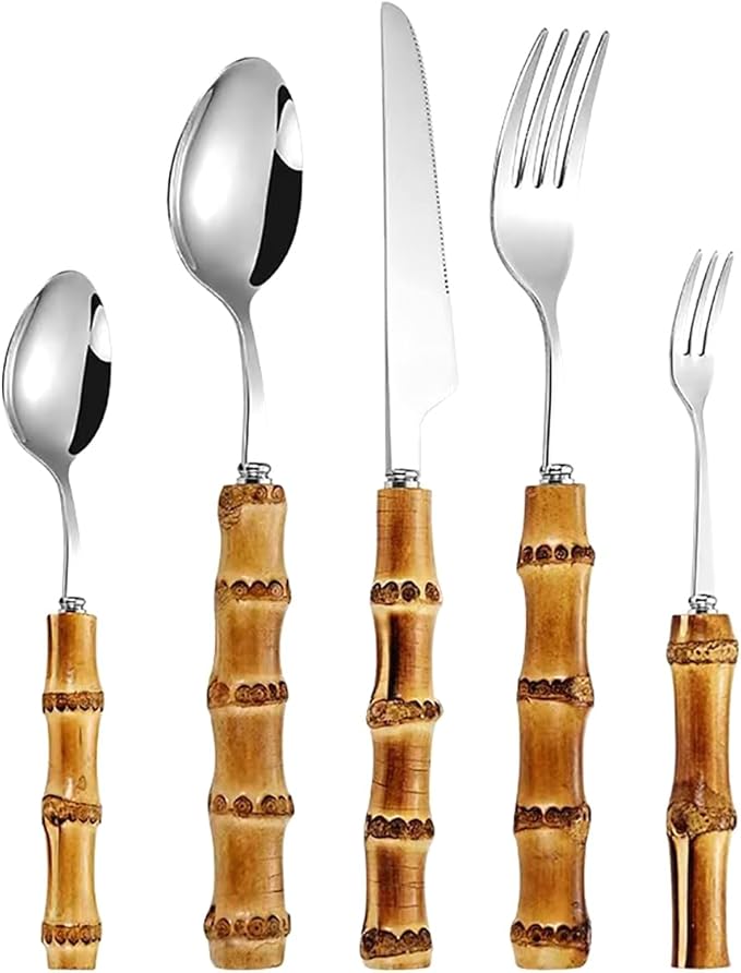 90-piece bamboo silverware cutlery set for 18, bamboo handle cutlery set reusable, flatware stainless steel, forks and spoons set for eating,dishwasher safe