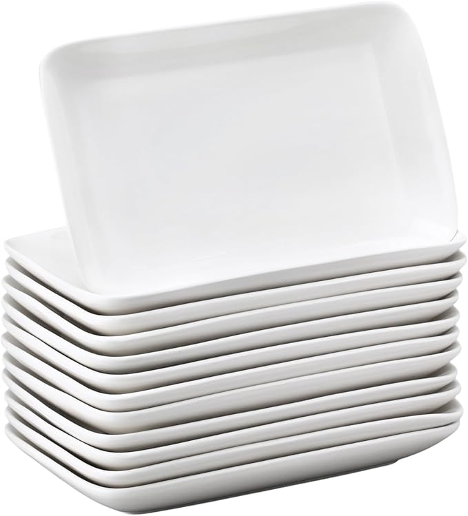 Irenare 12 Pcs 10 Inch Rectangular Salad Plates White Rectangular Porcelain Dessert Plates Appetizer Serving Tray Rectangular Porcelain Platters for Fruit Sushi Dinner Parties, Microwave, Oven Safe