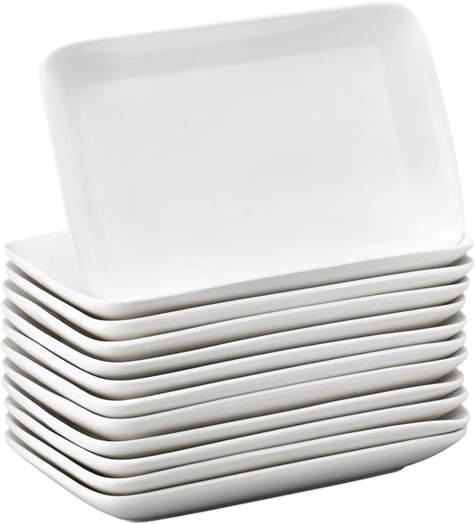 Irenare 12 Pcs 10 Inch Rectangular Salad Plates White Rectangular Porcelain Dessert Plates Appetizer Serving Tray Rectangular Porcelain Platters for Fruit Sushi Dinner Parties, Microwave, Oven Safe