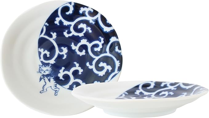 Mino ware Japanese Ceramics Pair Round Plate Japanese Cat (set of two) made in Japan GBS218 (Medium Flat, Furoshiki)