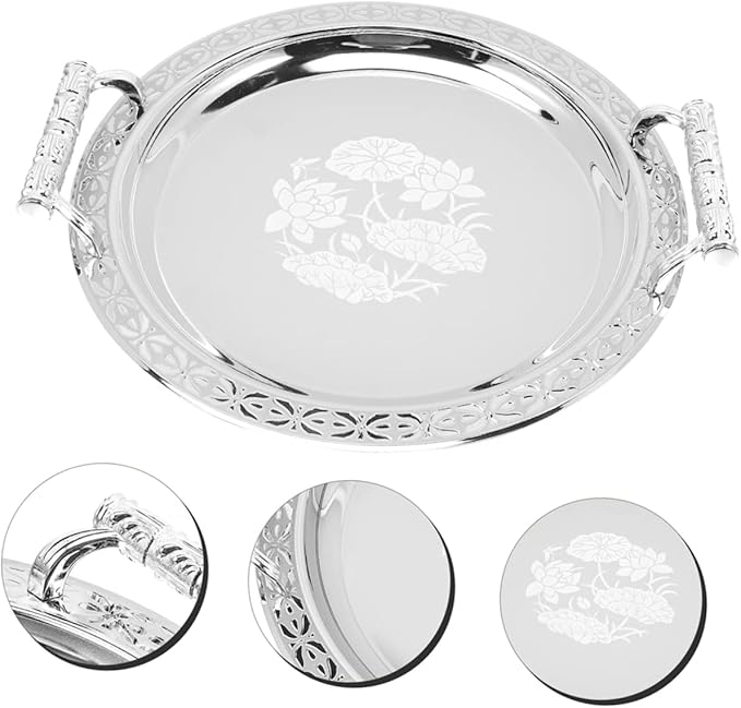 European Style Pattern Fruit Plate Decorative Serving Tray for Home and Party Stainless Steel and Plastic Dessert Holder for Snacks and Dried Fruit