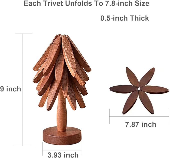 Wooden Tree Trivets for Hot Dishes: 4 Trivets and 1 Stand Christmas Tree Coasters for Pot Bowl Cup Teapot Pans Hot Pot Holder