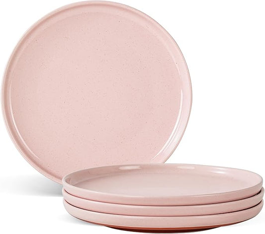 Ceramic Dinner Plates, 10.25 Inch Flat Dish Set for 4, Perfect for Family and Entertaining, Microwave & Dishwasher Safe, Dinner Dishes for Steak, Sandwiches, Pizza, Pasta, Elegant Pink